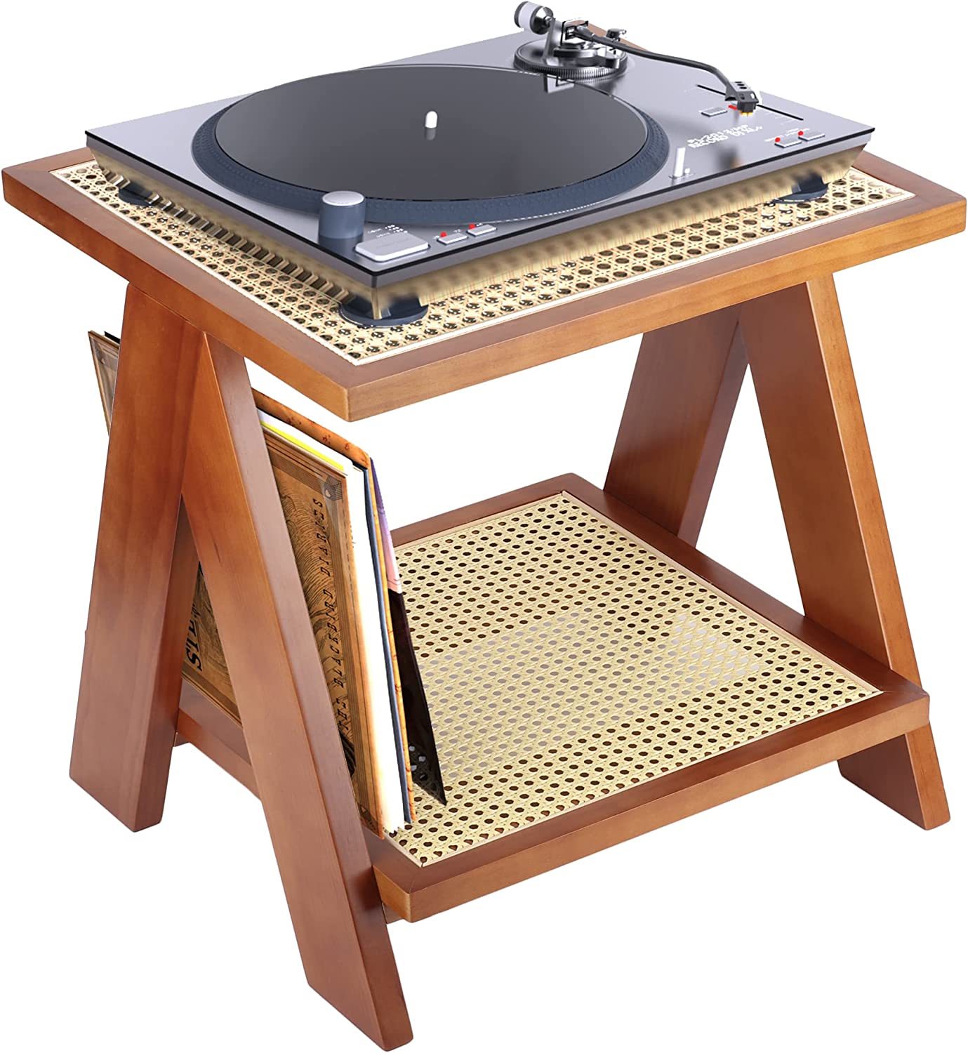Rattan Record Player Stand With Vinyl Storage And Speaker Shelf, Turntable And Record Players