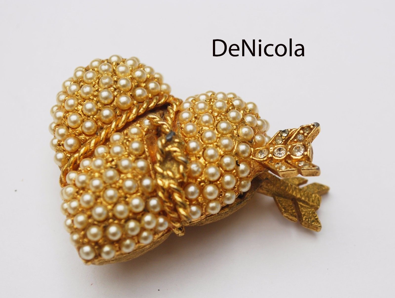 Primary image for DE NICOLA Gold Plated Pearl Rhinestone HEART Trinket Pill Box - Vintage