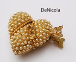DE NICOLA Gold Plated Pearl Rhinestone HEART Trinket Pill Box - Vintage