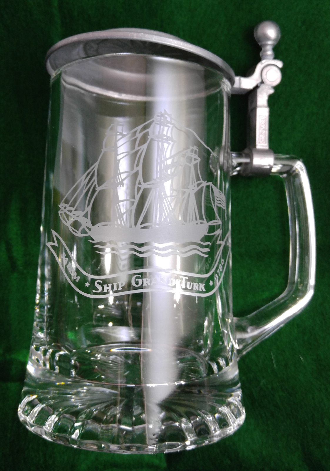 Vintage Alwe W Germany Etched Glass Stein Grand Trunk Ship W Pewter Lid 1970s Germany 9697