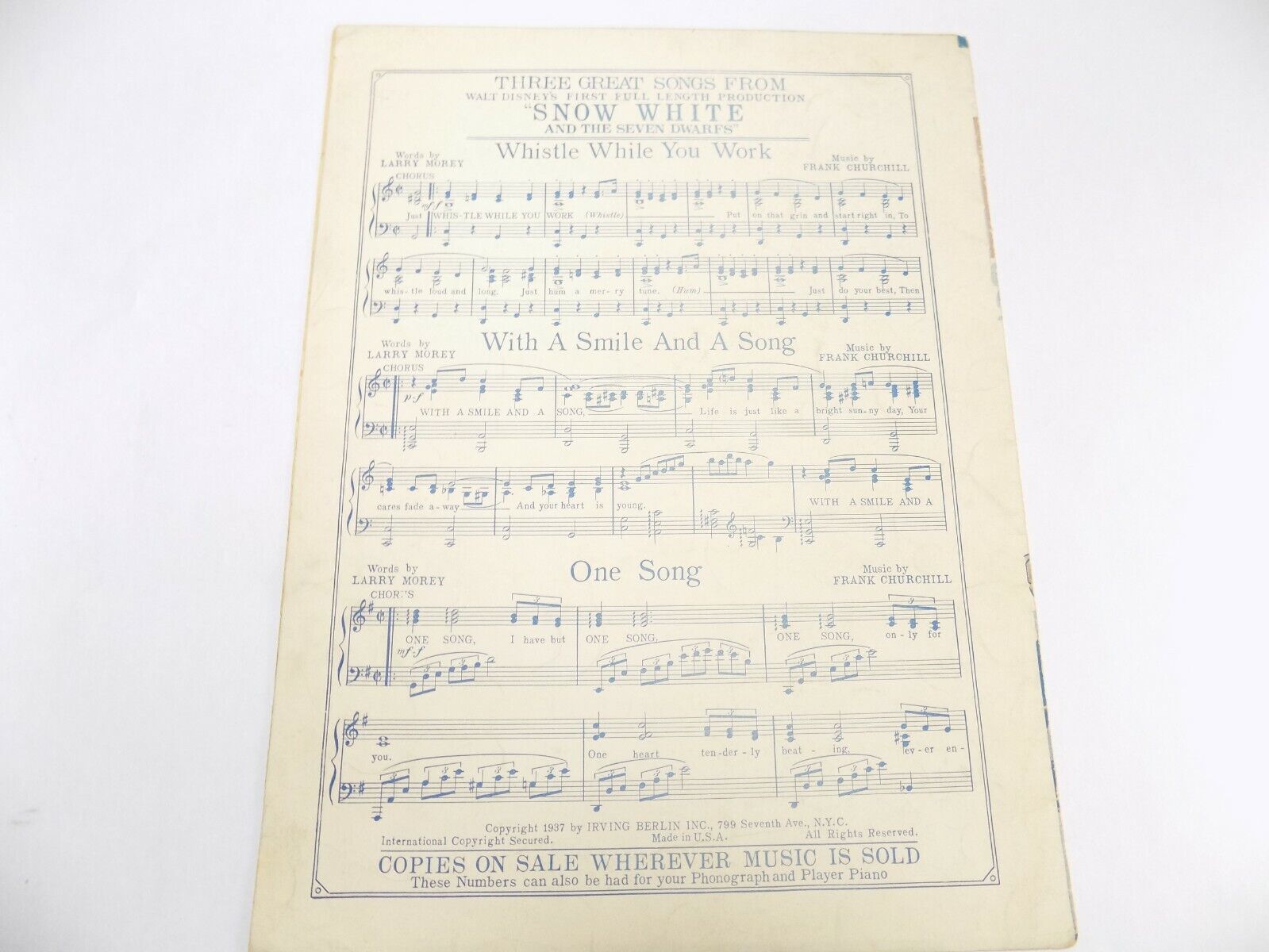 SHEET MUSIC 1937 THE DWARFS MARCHING SONG HEIGH HO SNOW WHITE & THE 7 ...