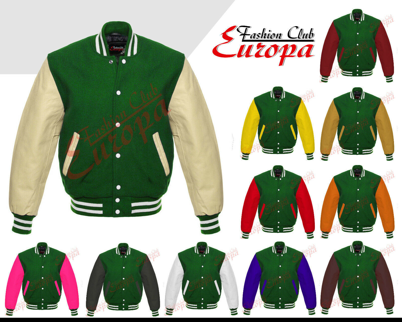 Green  Varsity  Letterman Wool Jacket with  Real Leather Sleeves XS-4XL