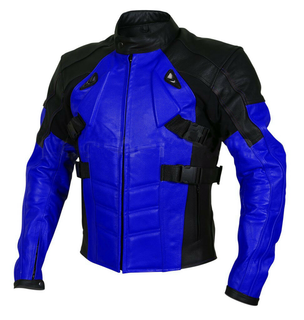 Handmade Men Black Blue Cont Men Motor Bike Genuine Leather Safety Pads jacket