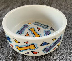Colorful Bones Themed Dog Food Bowl Water Dish 6” Blue Red Orange Stoneware - $14.99