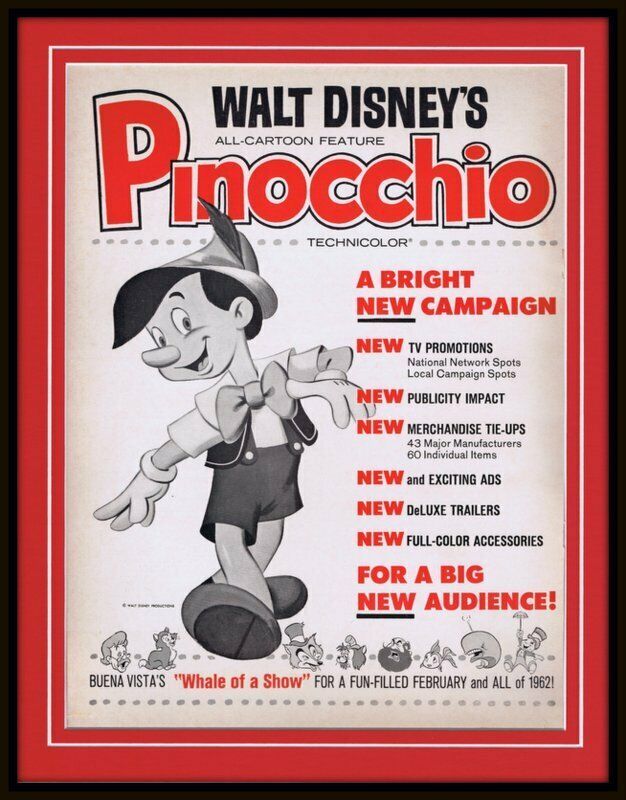 Primary image for ORIGINAL Vintage 1961 Disney Pinocchio 11x14 Framed Advertisement