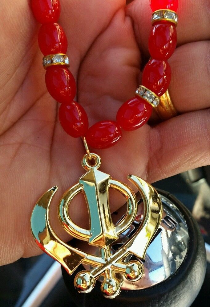 GOLD Plated Punjabi Sikh Khanda Pendant Car Rear Mirror Hanging Red
