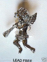 Silver Crystal Angel with Wings Playing Trumpet Brooch White Crystals - $20.97