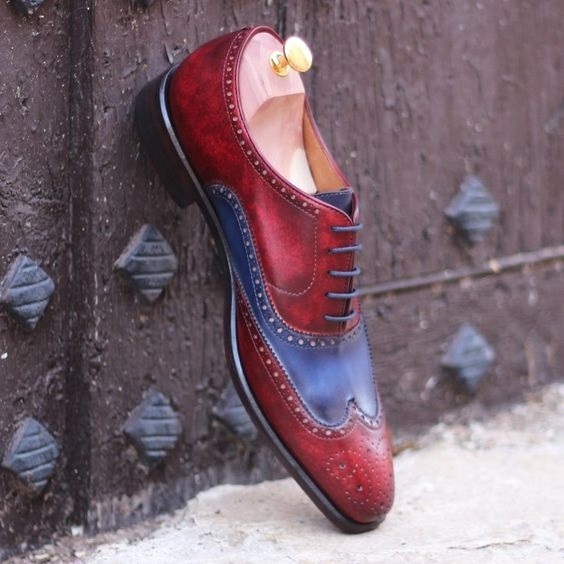 Men,s Handmade Two Tone Blue & Red Real Leather Wing Tip Shoes, luxury ...
