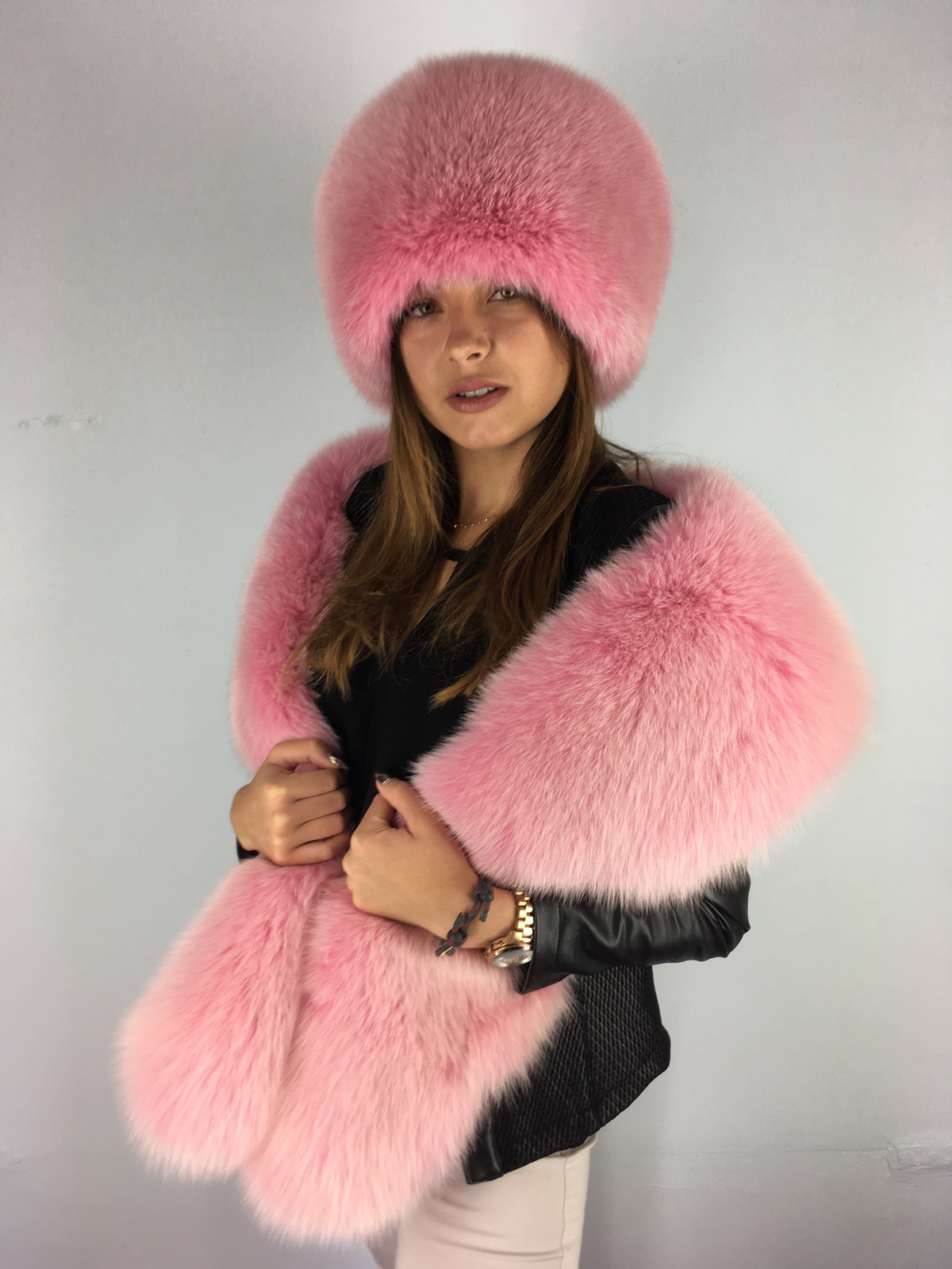 Arctic Fox Fur Boa 70' And Full Fur Hat Set Pink Color Fur Stole and ...