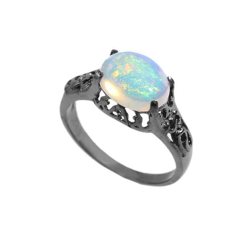 Silber Opal Ring 1.5 Karat Opal Verlobungsring Opal Schwarz Rhodiniert Ring