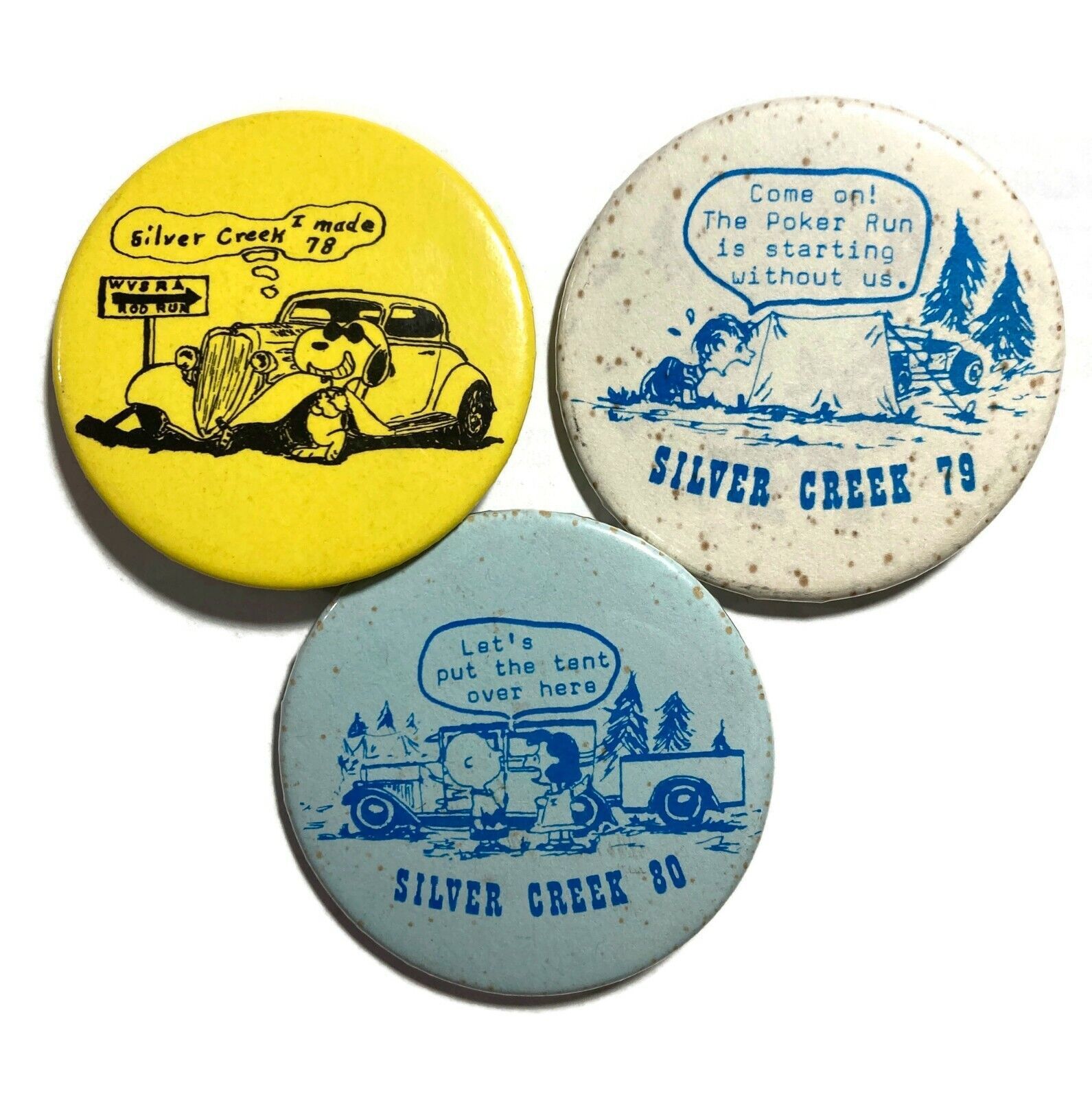 Vintage PEANUTS HoT RoD RUN PIN Lot 3 SNOOPY CHARLIE BROWN Pinback v8 flathead - $39.59