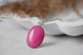 Necklace Pink Jade Oval Pendant Silver for women, Long pink gemstone necklace, P - $27.50