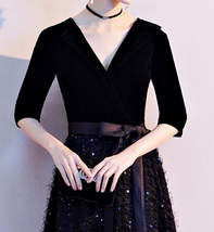 Women Half Sleeve Velvet Maxi Dress High Waist Formal Dress, Black, Plus Size image 7