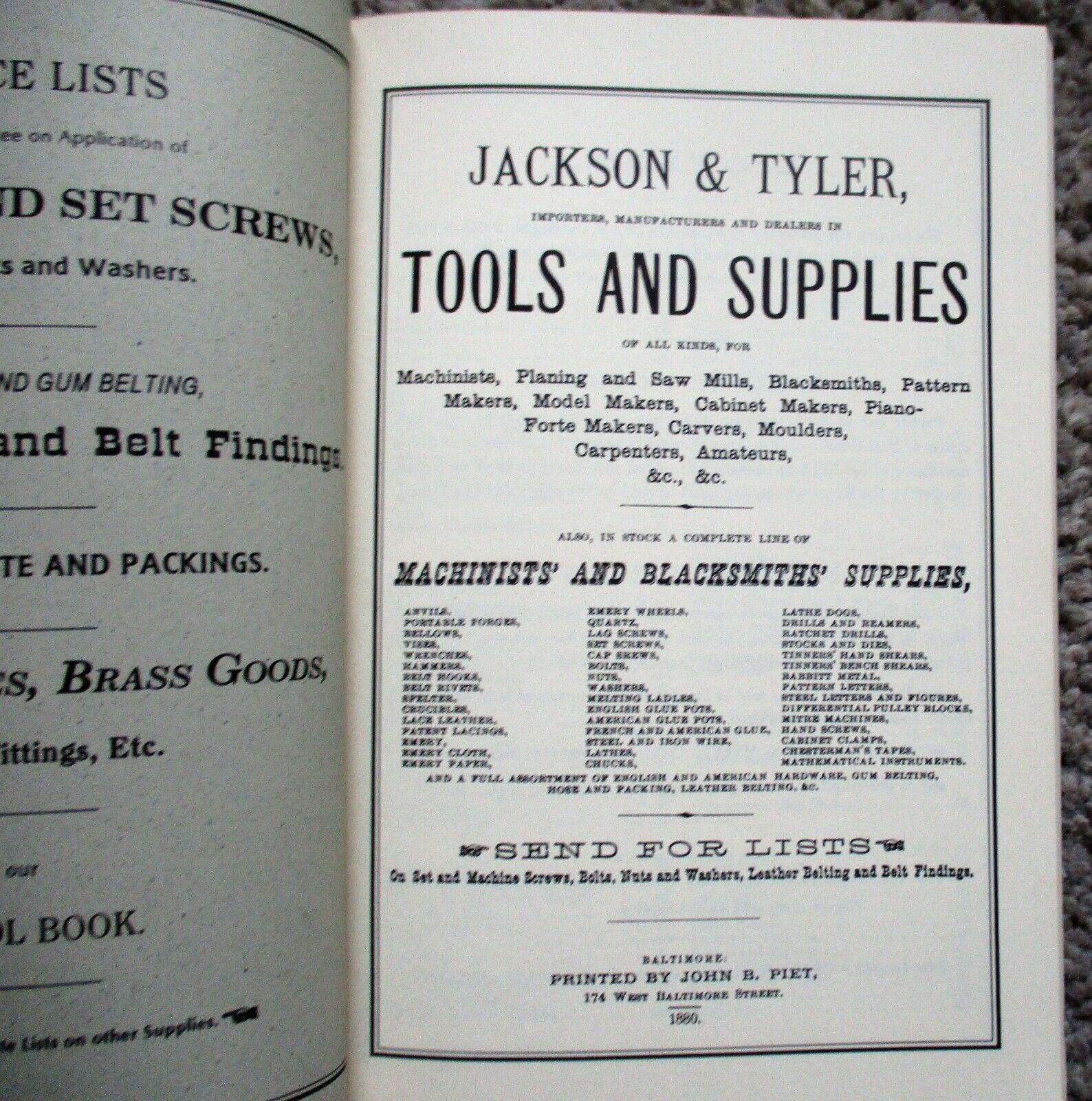 1880 TOOLS AND SUPPLIES OF ALL KINDS PRICE LIST Jackson & Tyler REPRINT ...