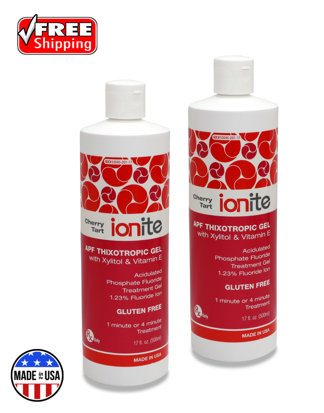 2 BOTTLES Ionite APF Gel CHERRY 60 Second 1.23 Fluoride Gel 17oz