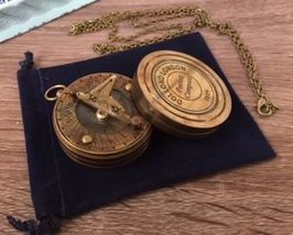 NauticalMart Antique Finish Brass Sundial Compass W/Chain & Velour Bag image 1