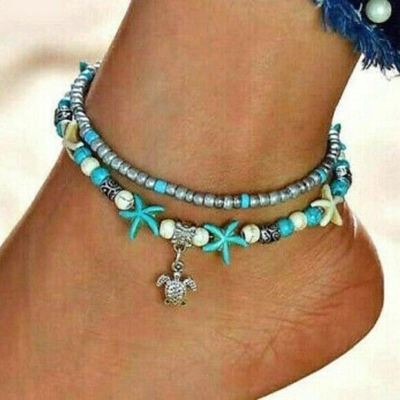 Bohemian Anklet, Turtle Anklet, Beaded Ankle Bracelet, Turtle Charm, Starfish