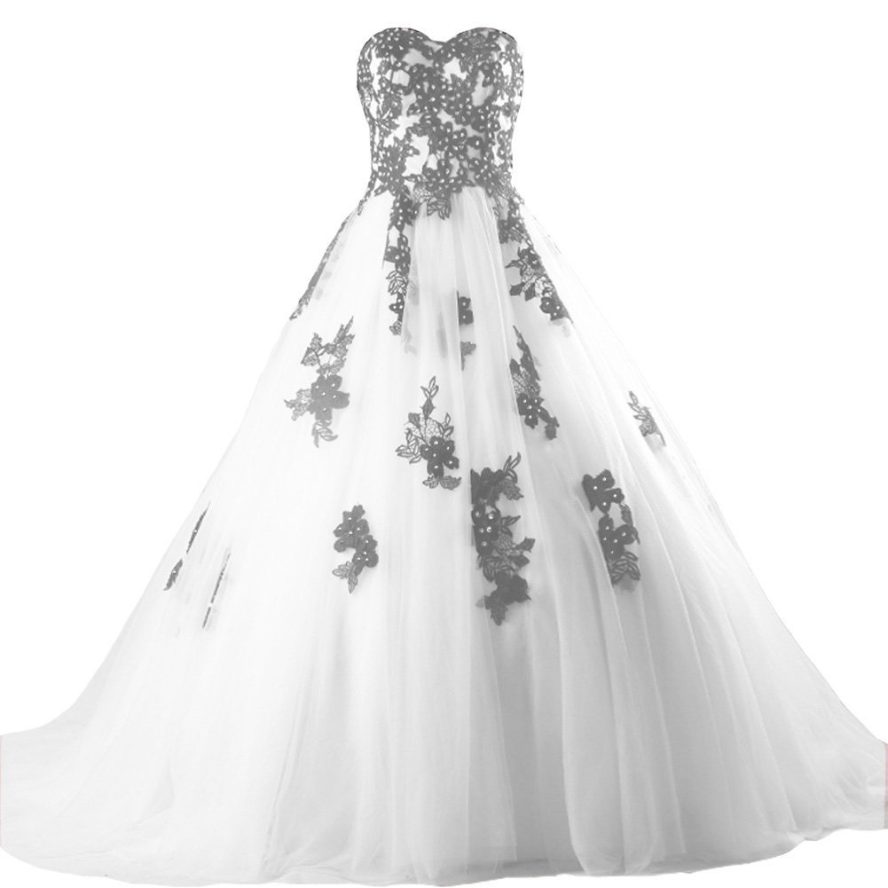 Kivary Beaded Black Lace Long A Line Tulle Gothic Prom Wedding Dresses White US
