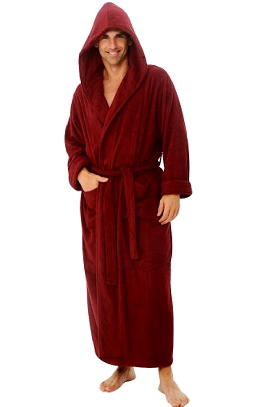 mens burgundy bathrobe