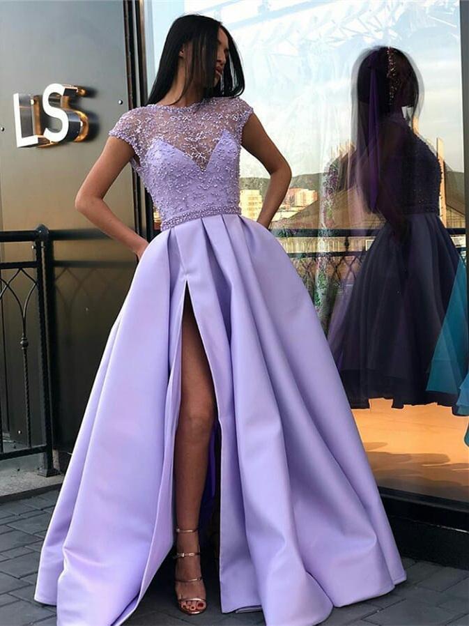 Lilac Long Prom Dresses With Slit Beaded See Through Cap Sleeve 2018 Prom Dress Fashion 