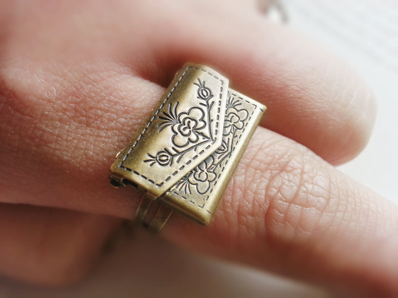 Envelope Locket Ring Love Letter Ring Antique Brass Floral Envelope