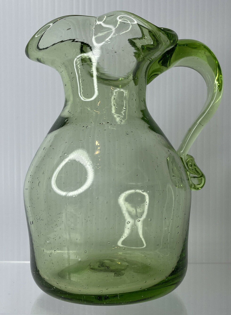 Vintage Bright Green Crackle Glass Miniature Pitcher Vase Applied Handle 525” Pottery And Glass 6069