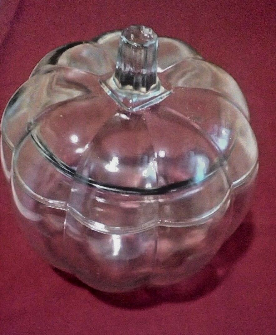 Anchor Hocking Pumpkin Shaped Glass Candy Cookie Jar Scalloped With Lid
