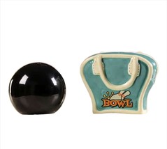 Bowling Salt and Pepper Shaker Set Ball & Bag Retroflection Ceramic 2.3" High image 1