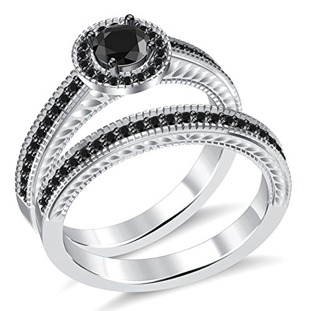 1Ctw Round Black CZ Diamond 14 White Gold Plated Engagement Band Bridal Ring