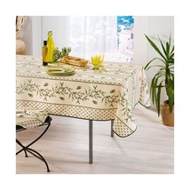 60x80" Rectangle Green Cicadas Olives Stain Resistant White French Tablecloth - $27.00