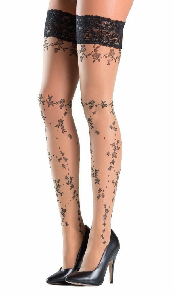 Stay Up Thigh Highs Floral Design Wide Lace Top Silicone Roses Hosiery