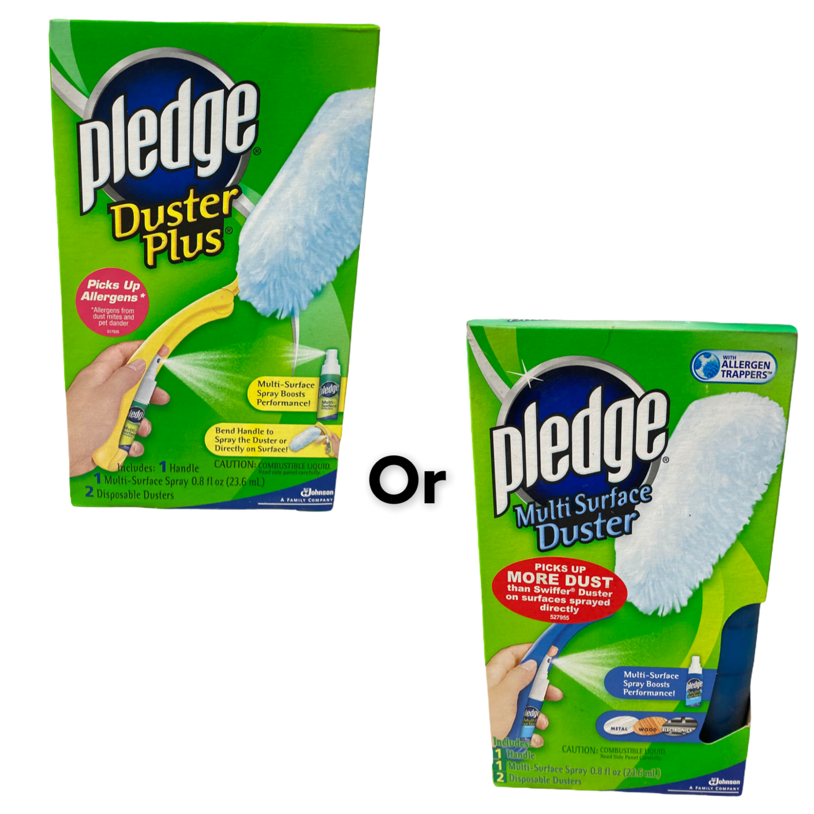 PLEDGE DUSTER PLUS 1 HANDLE, 1 MULTIPURPOSE SPRAY, AND 2 DISPOSABLE