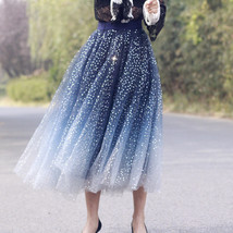 Sequined Tulle Midi Skirt Outfit Navy Blue Sparkly Midi Skirt Custom Plus Size image 2