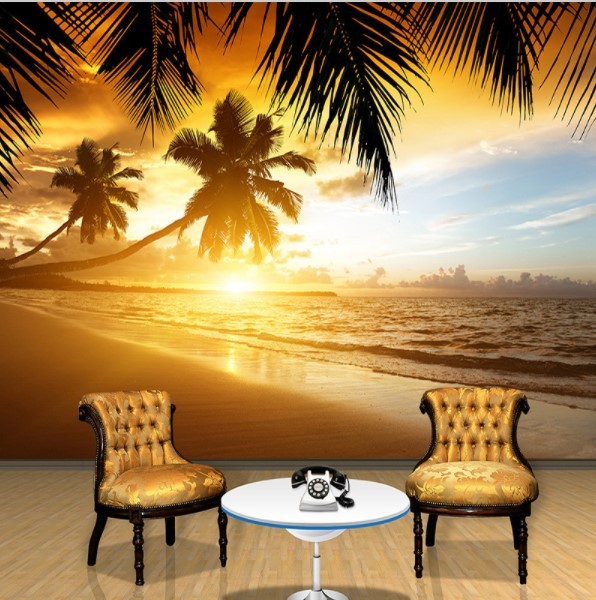 3D Tropical Sunset Palm Trees Beach Design Wallpaper Photo Mural Min