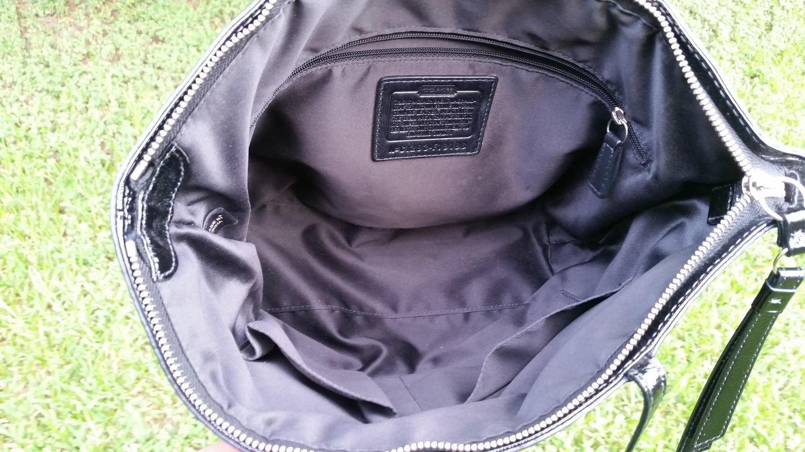 Coach F19198 Signature Stripe Black Patent Leather White Stitched Tote Bag - Women