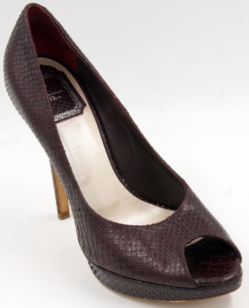 Christian Dior Oxblood Snake Embossed Peep Toe Platform Heel Womens