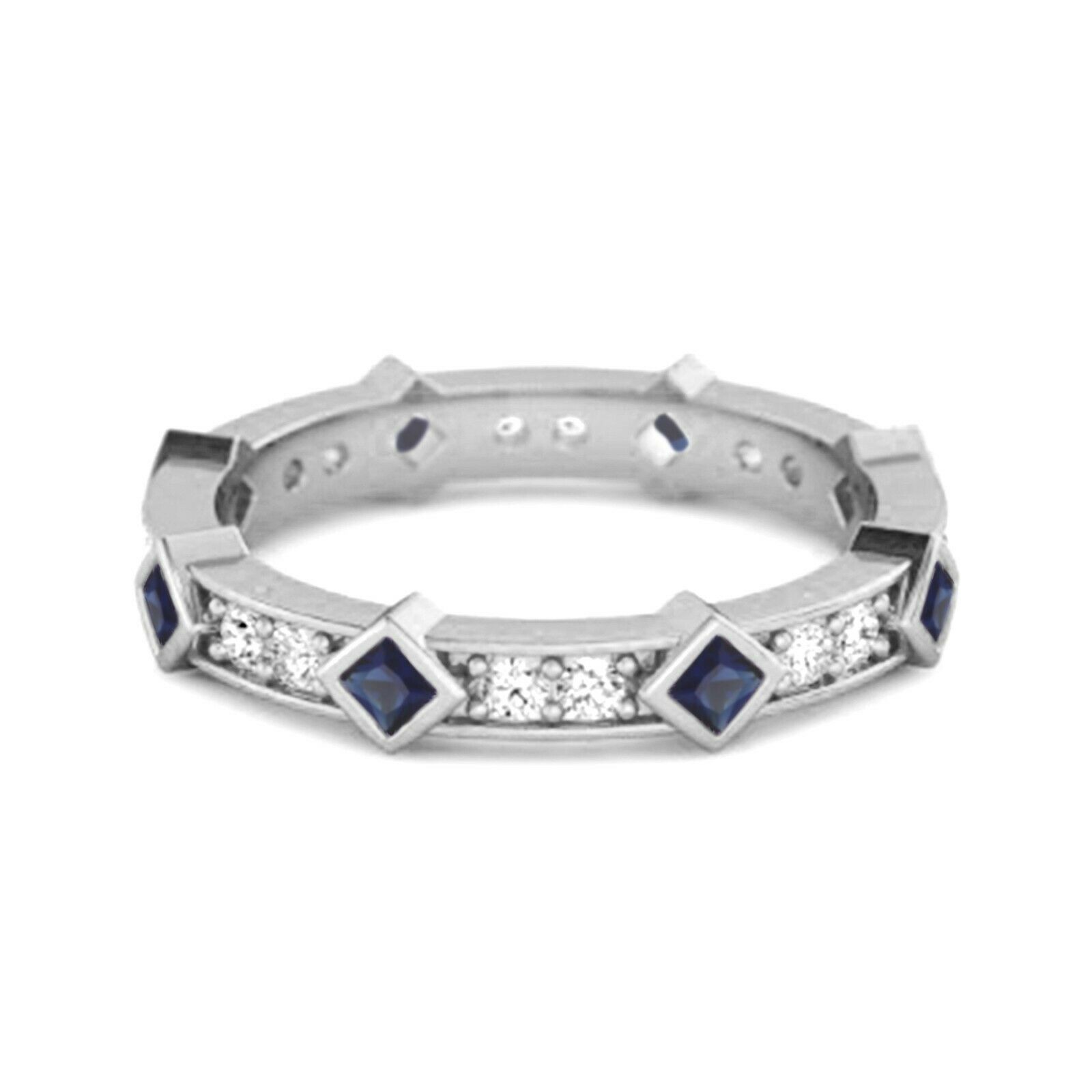 0.80 Ct Blue Sapphire Princess Round 9k White Gold Art Deo Ring