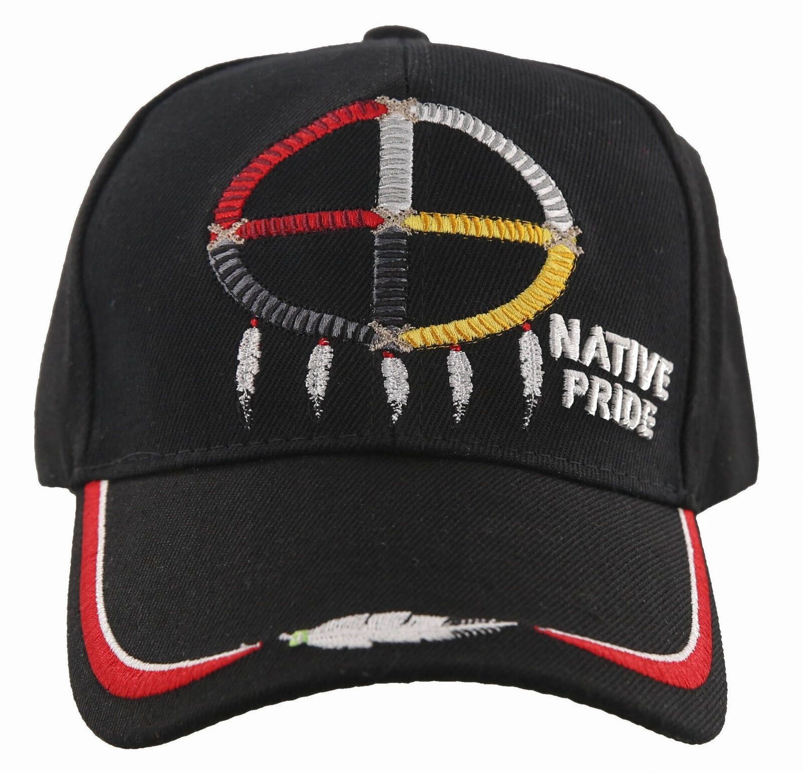 NATIVE PRIDE MEDICINE WHEEL HOOP FEATHER CAP HAT BLACK Men's Hats