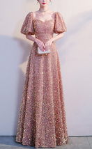 BLUSH PINK Sequin Midi Dress GOWNS Vintage Sleeved Wedding Party Sequin Dresses image 6