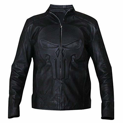 Skull Embossed Black Punisher Biker Logo Motorcycle Faux Leather Jacket For Men