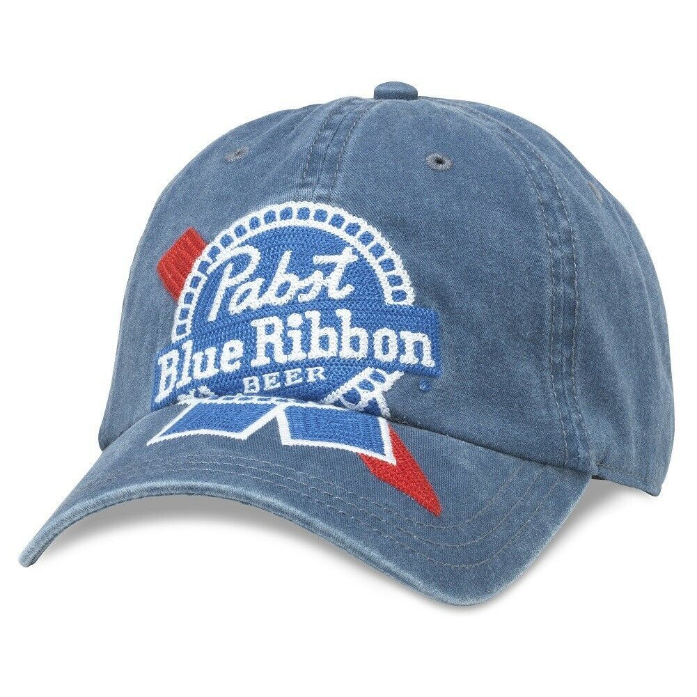 PBR Pabst Blue Ribbon Beer Jumbo Logo Adjustable Blue Strapback Hat Blue Hats