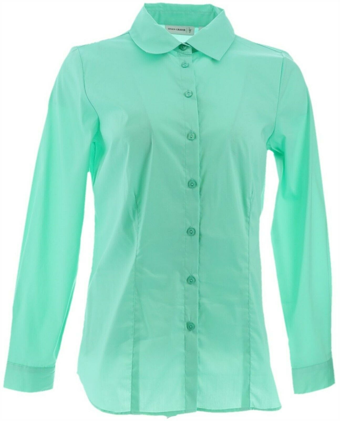 Susan Graver Stretch Woven Long Slv Button Front Shirt Cool Mint 4 NEW A261936