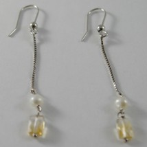 SOLID 18K WHITE GOLD PENDANT EARRINGS WITH CITRINE AND PEARL MADE IN ITALY image 2