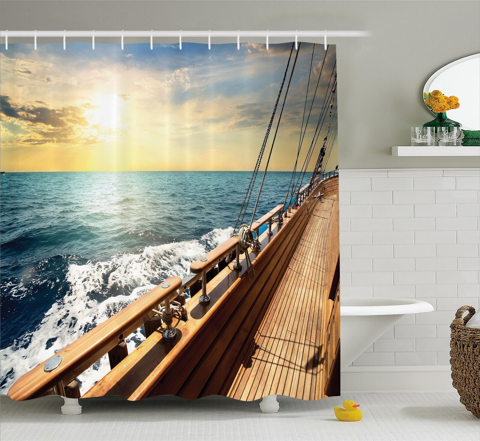 Ocean Wave Boat Sun Fabric Shower Curtain Sail Wood Ship Sea Bath Decor