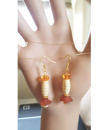 orange flower bead drop earrings, dangles, wood plastic beads, handmade ... - $3.99