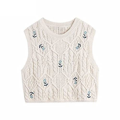 Floral Embroidery Twist Crochet Short Knitted Sweater Lady Sleeveless Casual Ves