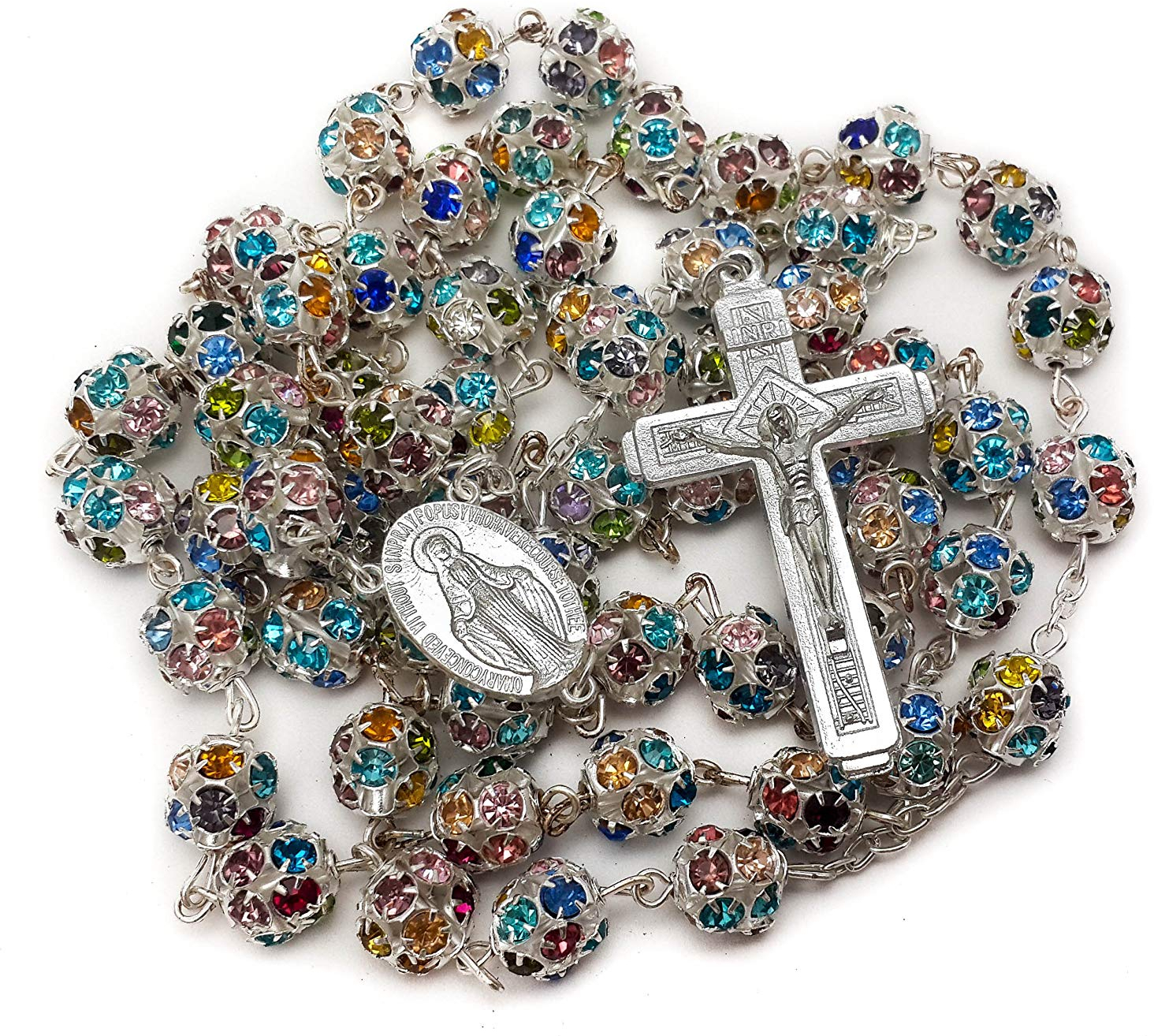 Nazareth Store Colorful Zirconia Crystal Beads Rosary Silver Catholic