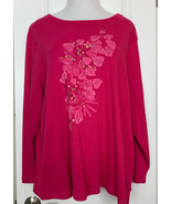 Just My Size JMS Top Henley Tee Shirt Pink Floral Sequin Long Sleeve Plus 22 24W - £12.32 GBP
