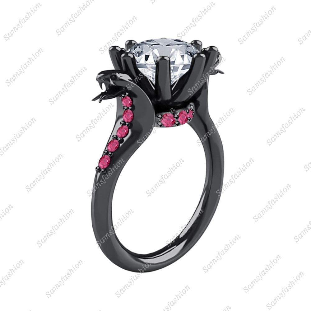 Solitaire Round Diamond & Ruby 14k Black Gp 925 Silver Cobra Snake Wedding Ring