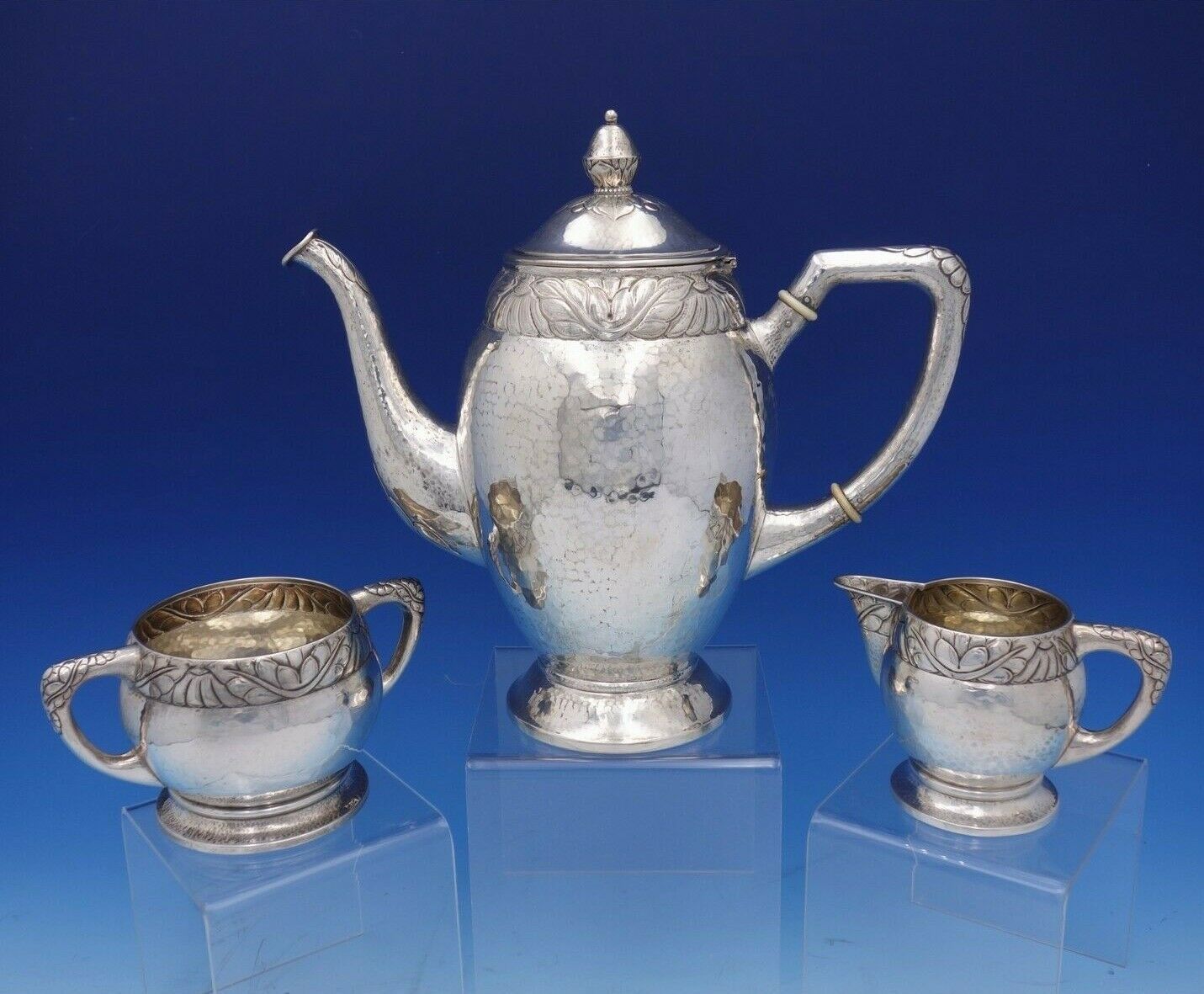 Primary image for Danish Sterling Silver Coffee / Tea Set 3-Piece Hammered Art Deco Band (#3171)